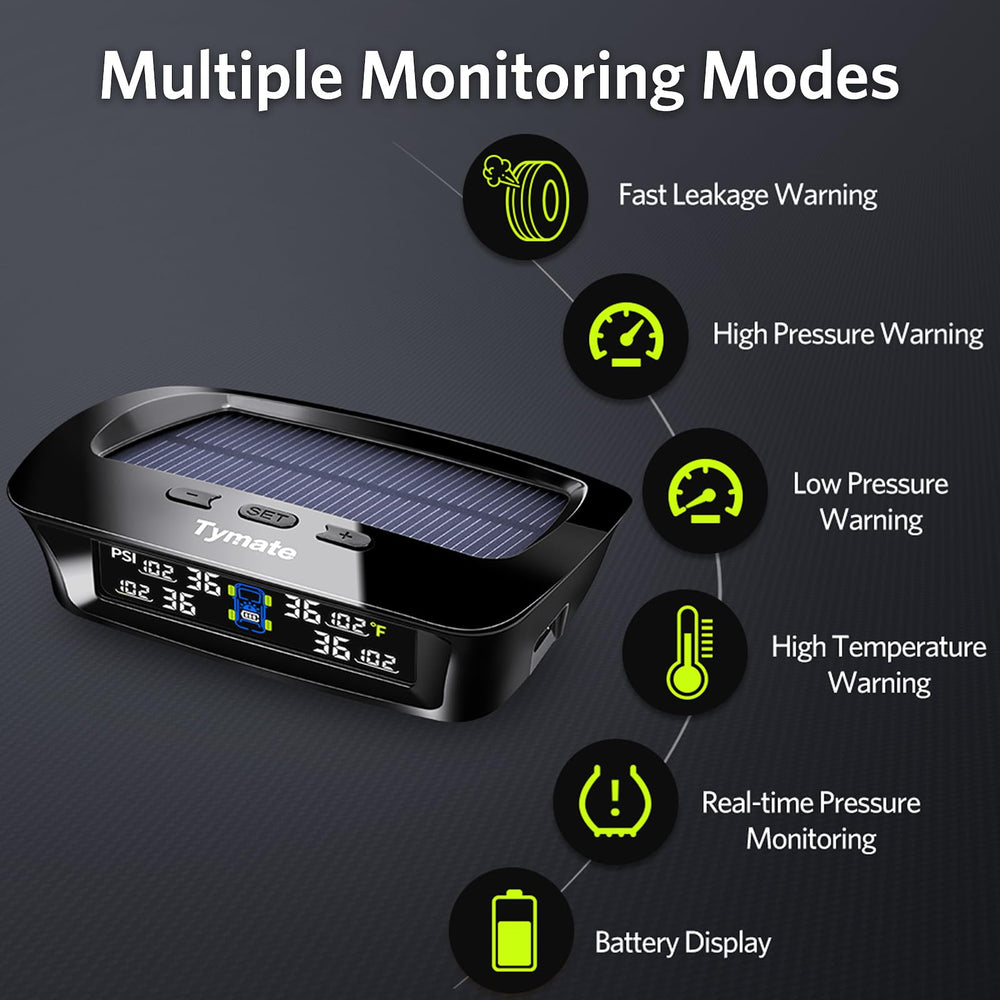 Solar panel charger keeps Tymate M12-3 TPMS powered on sunny days.