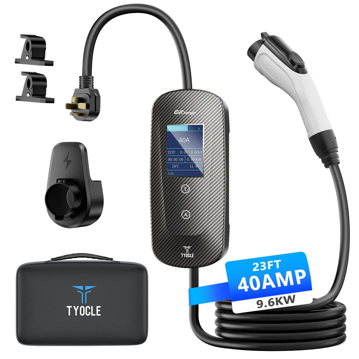 Tyocle Level 2 EV Charger front view, compact home charging solution.