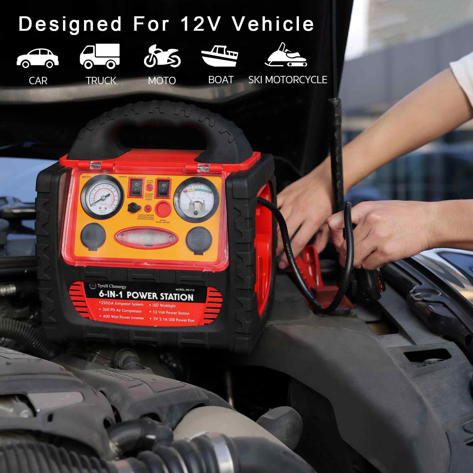 Tyrell Chenergy 260psi air compressor inflates tires on the go.