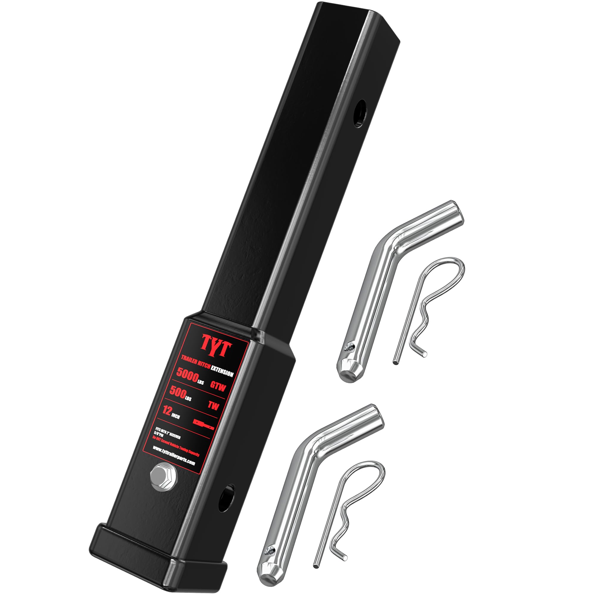 TYT 12-inch hitch extension angled view for extended trailer reach.