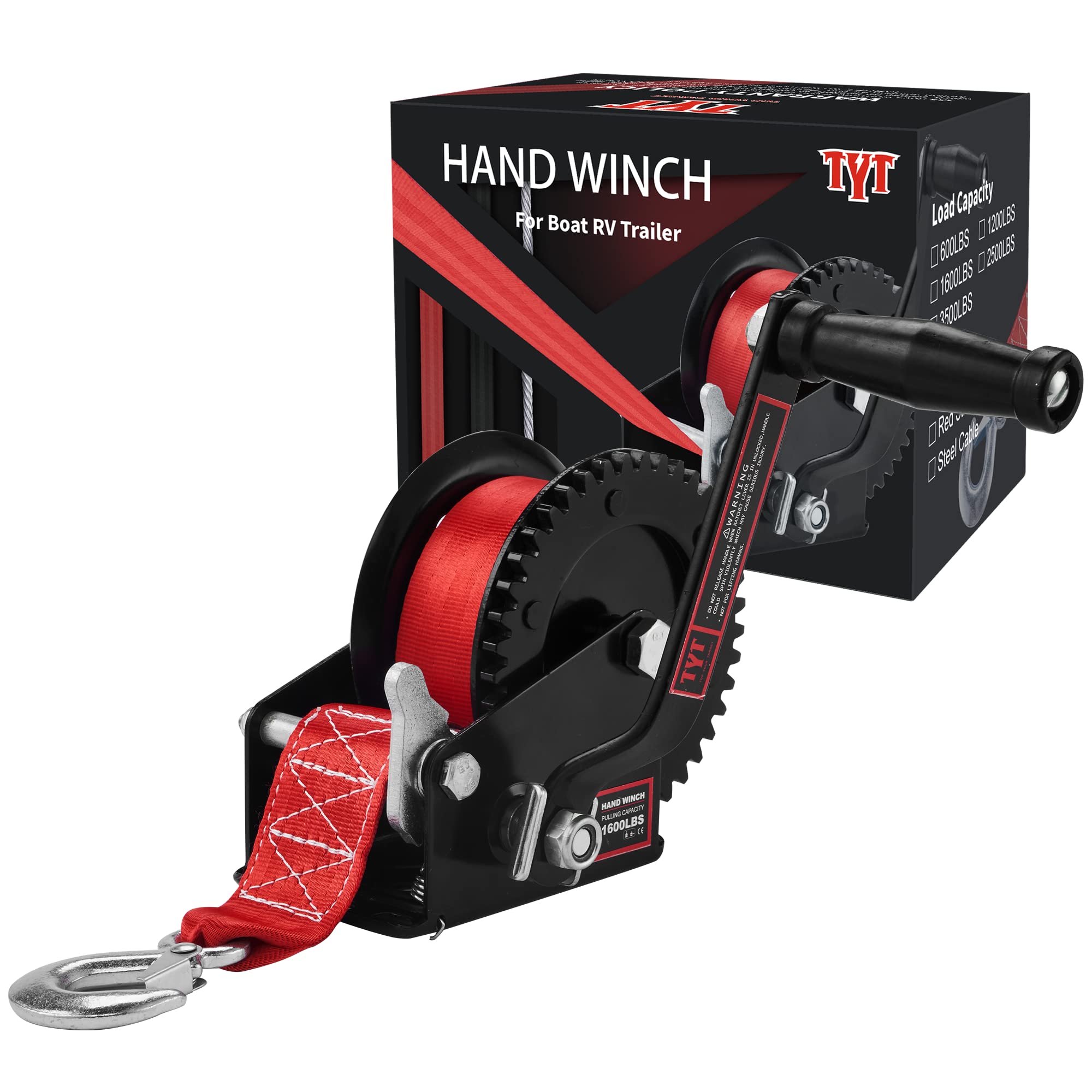 TYT 1600lb boat trailer winch in black for rugged pulling on decks and trailers.