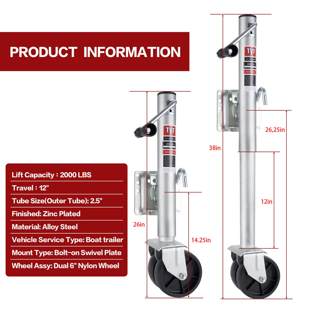 TYT 2000 lbs boat trailer jack extended to 38 inches for tall tongues