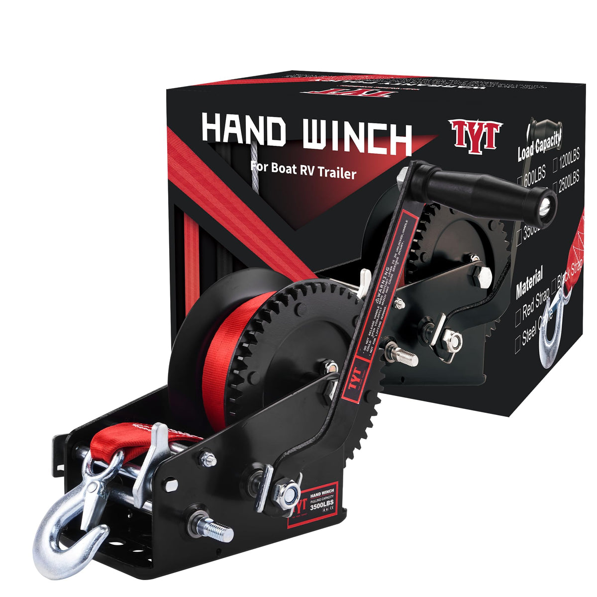 TYT 3500LB boat trailer winch front view highlighting sturdy steel body for towing