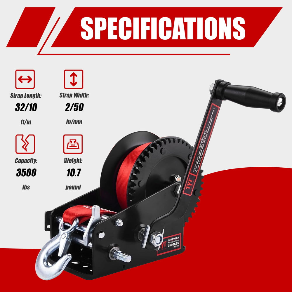 TYT winch side view with ergonomic 25 cm curved hand crank for easier cranking