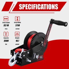 TYT winch side view with ergonomic 25 cm curved hand crank for easier cranking