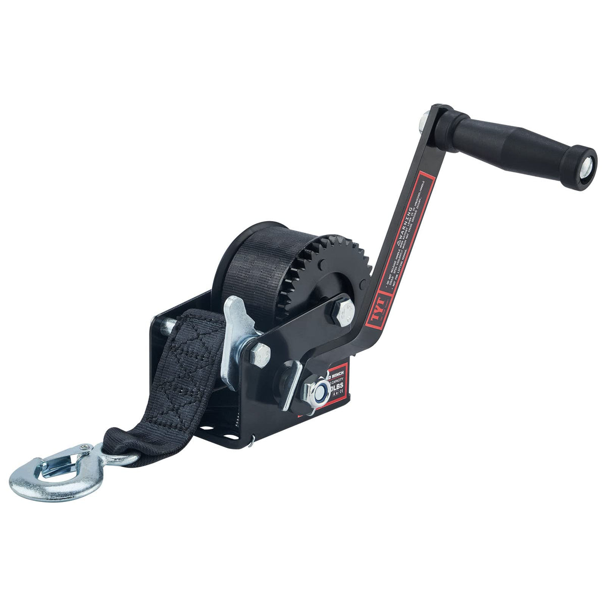 TYT 600lb boat trailer winch with black strap for secure loading.