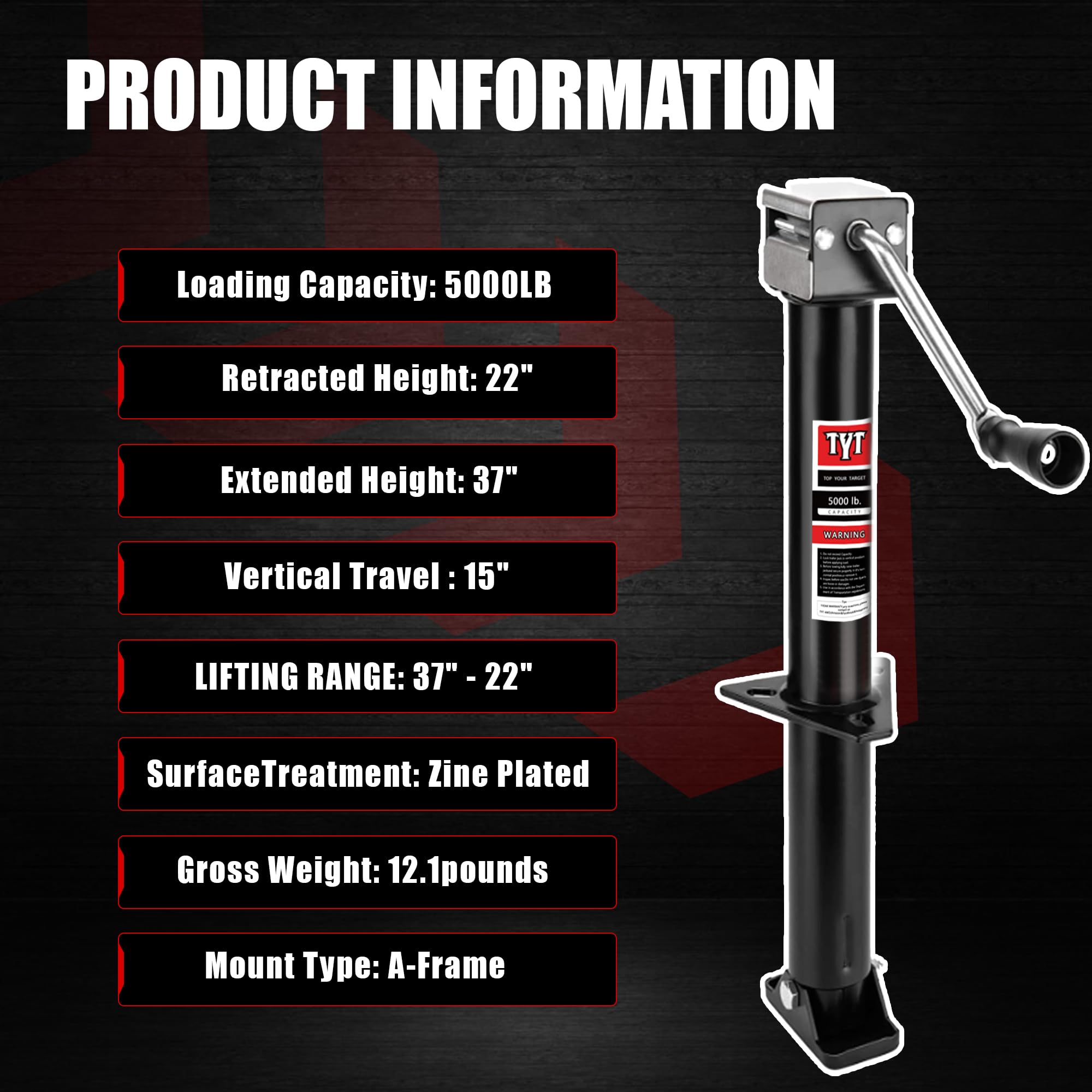 TYT trailer jack design offers easy grip for effortless lifting and lowering.