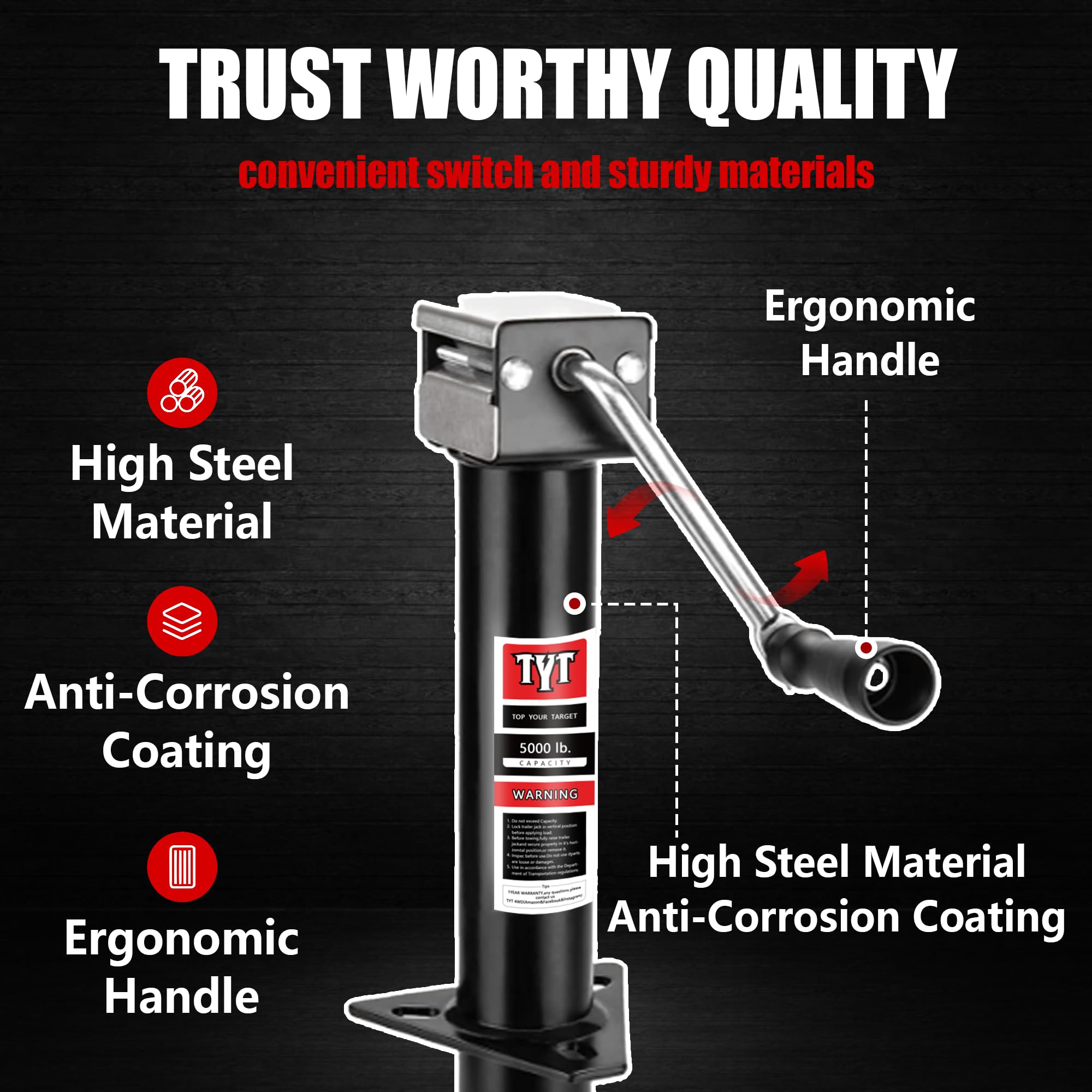TYT trailer jack showing the sidewinder handle for smooth operation.