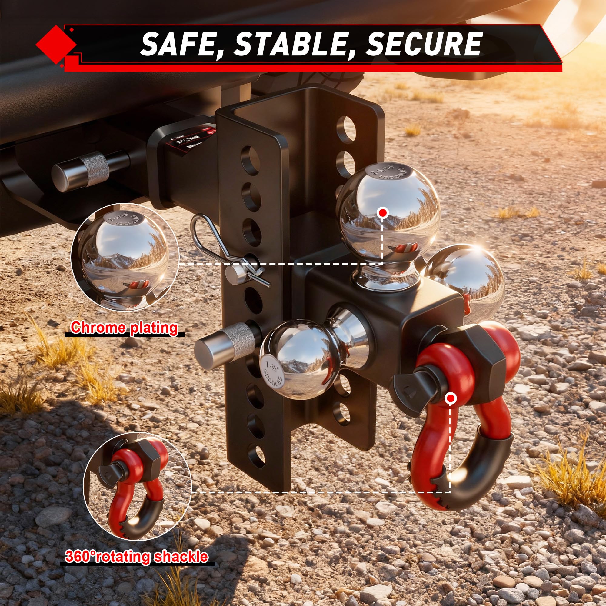 TYT dual-lock system secures hitch pin and ball mount for secure towing