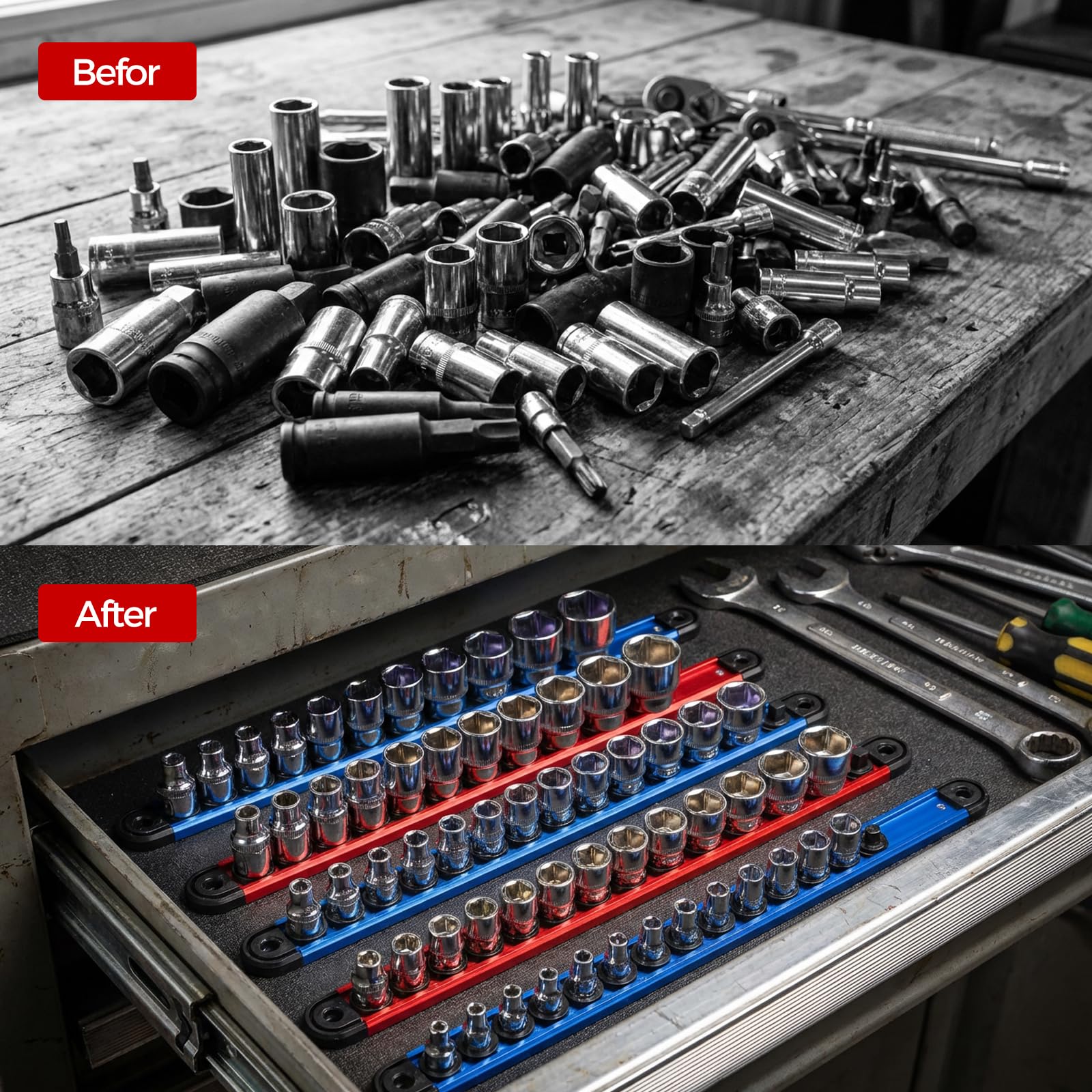 Tzuoen socket rail fully assembled in a workshop toolbox setup