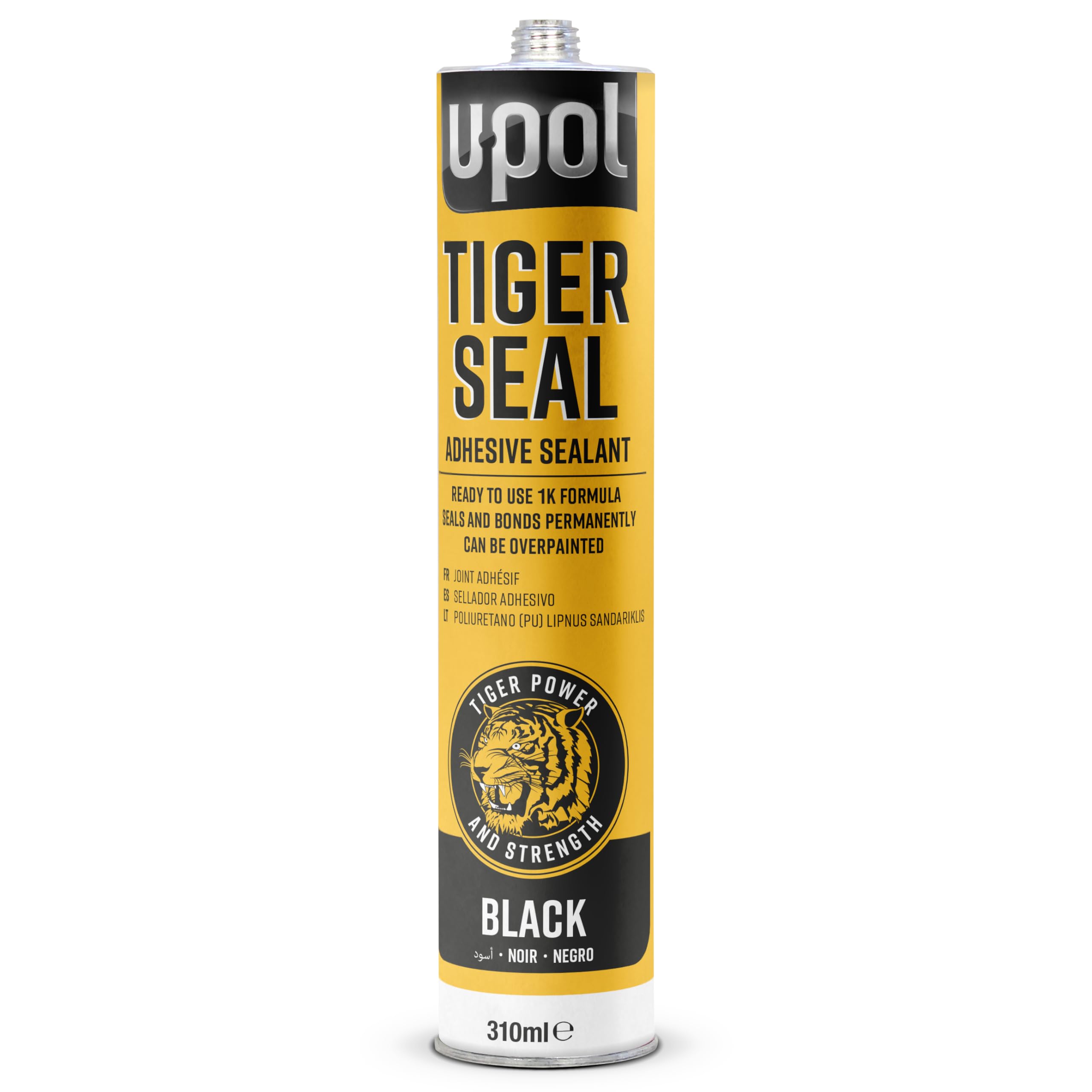 U-Pol Black Tiger Seal adhesive-sealant, waterproof bond for panels and trim; paintable after curing.