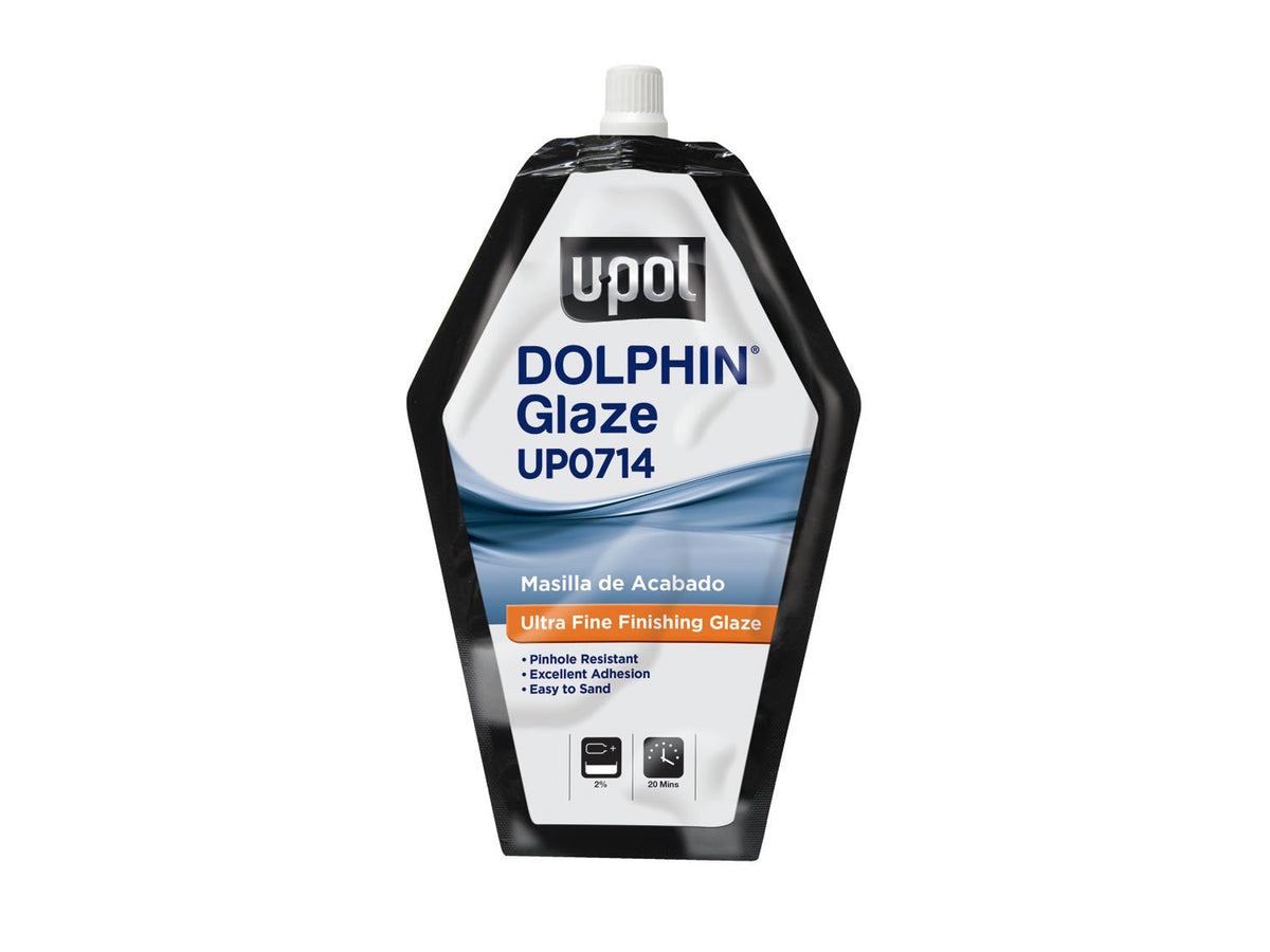 U-POL Dolphin Glaze bottle demonstrates self-leveling finish for smooth body repairs.