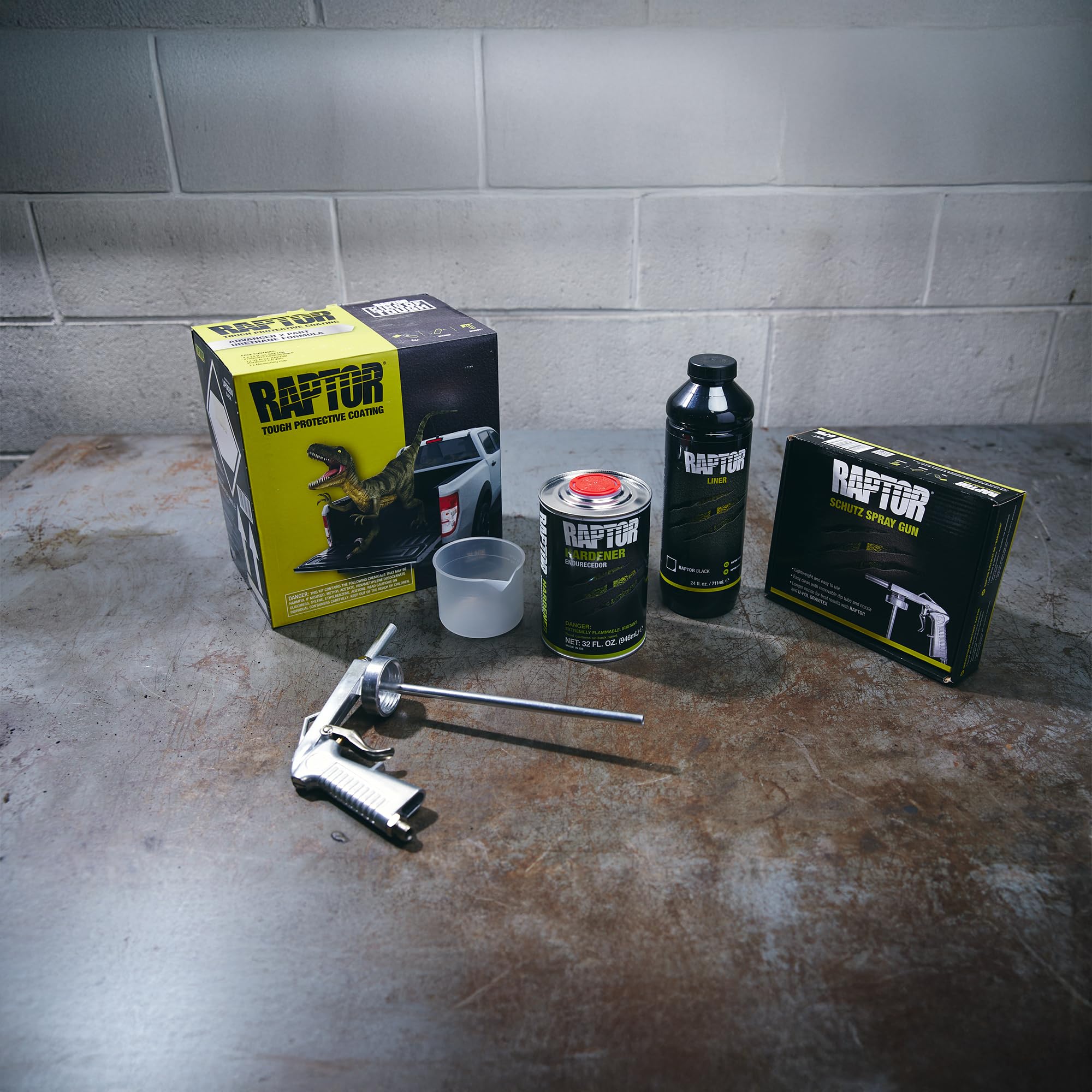 U-POL Raptor spray gun shown for smooth, uniform texture application.