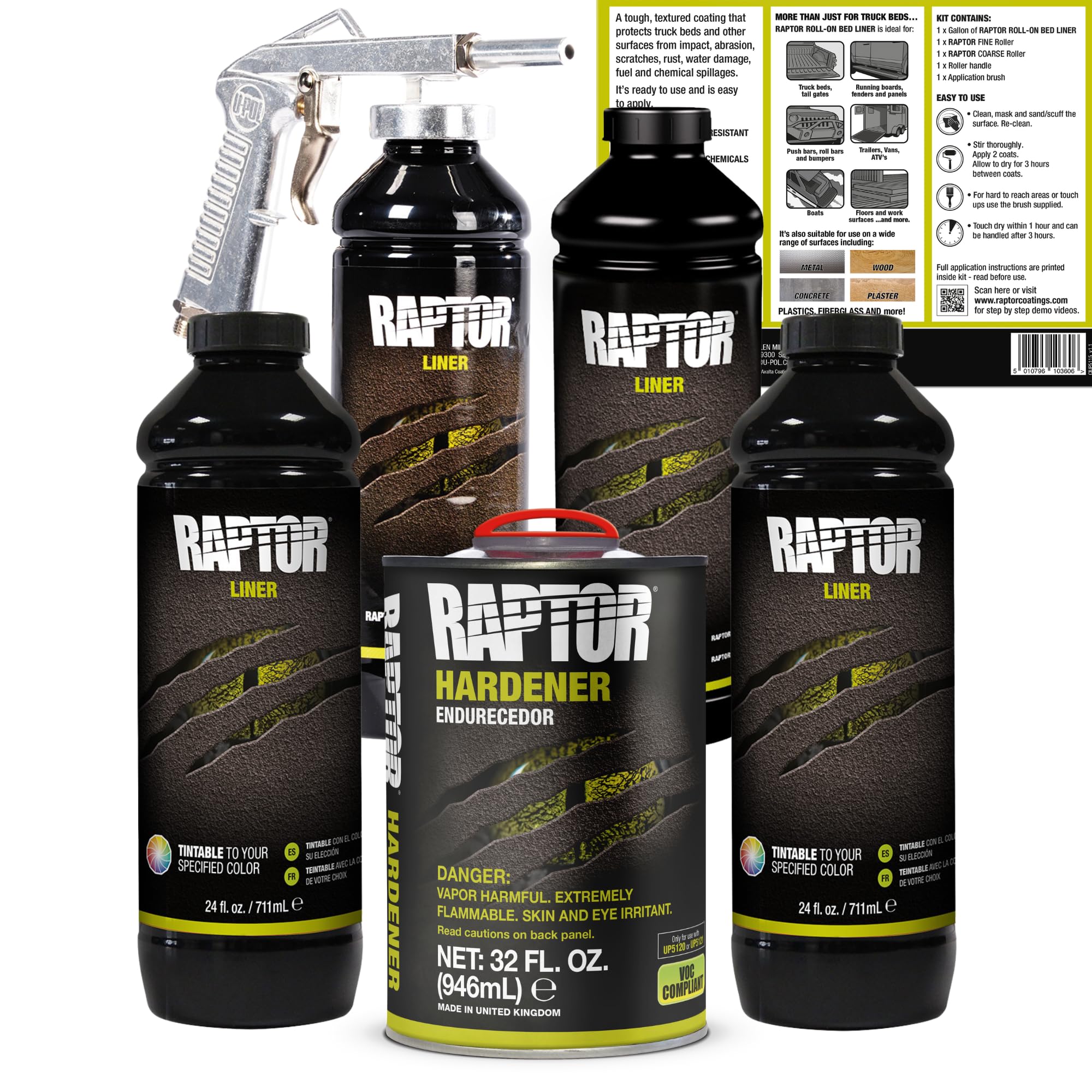 U-POL Raptor tintable bed liner kit with spray gun for fast, even coating.