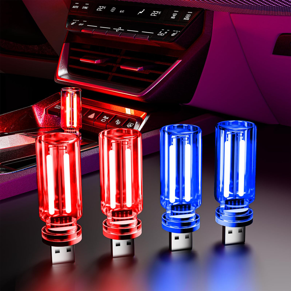 UBAPEV glass bottle night light in blue glow adds calm ambiance to car interiors.