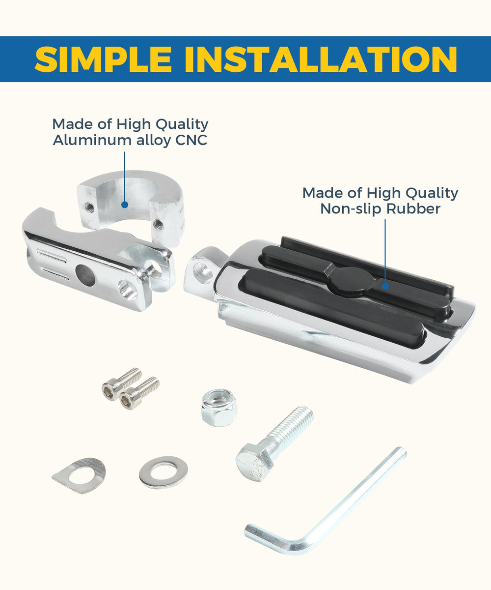 UBOG foot pegs built from aluminum and rubber for durability and comfort.