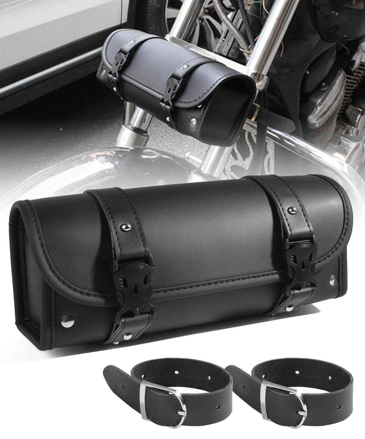 UBOG handlebar bag front view shows sturdy PU leather and compact storage