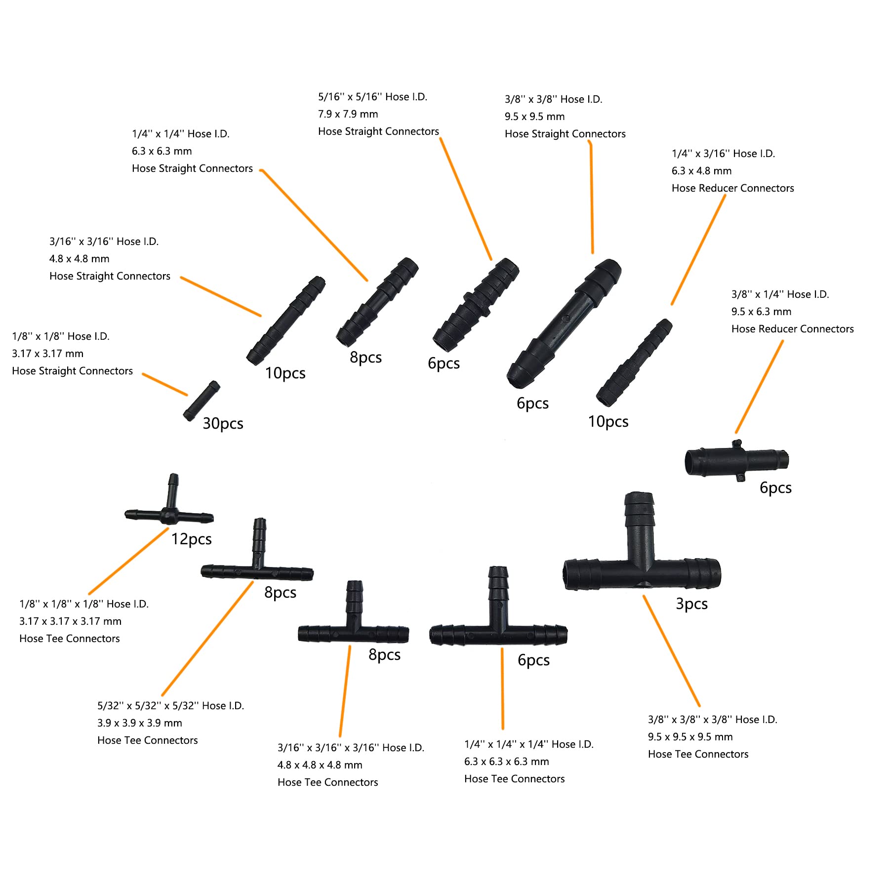 Ucreative silicone hoses with six inner diameters for flexible fittings.