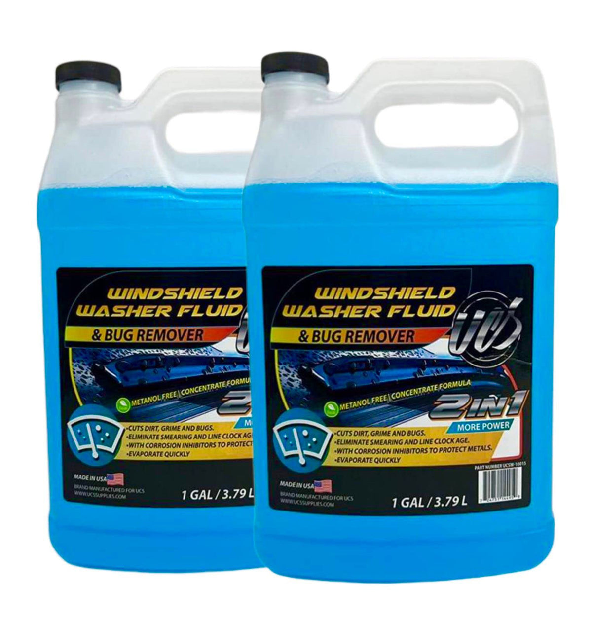 UCS 2-in-1 windshield washer bottle demonstrates ready-to-use formula for streak-free cleaning.