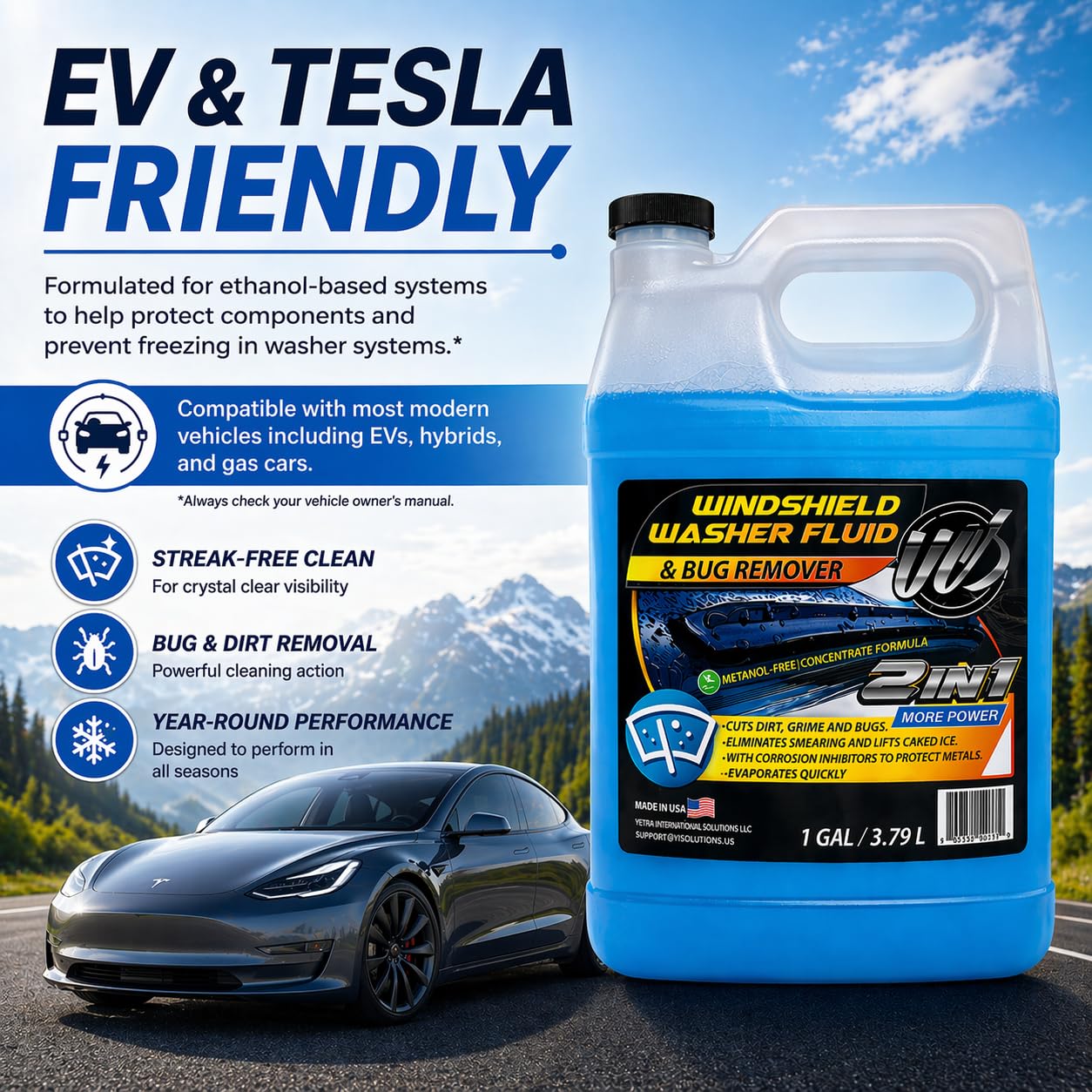 UCS windshield fluid pour action captures quick, even coverage on the glass.