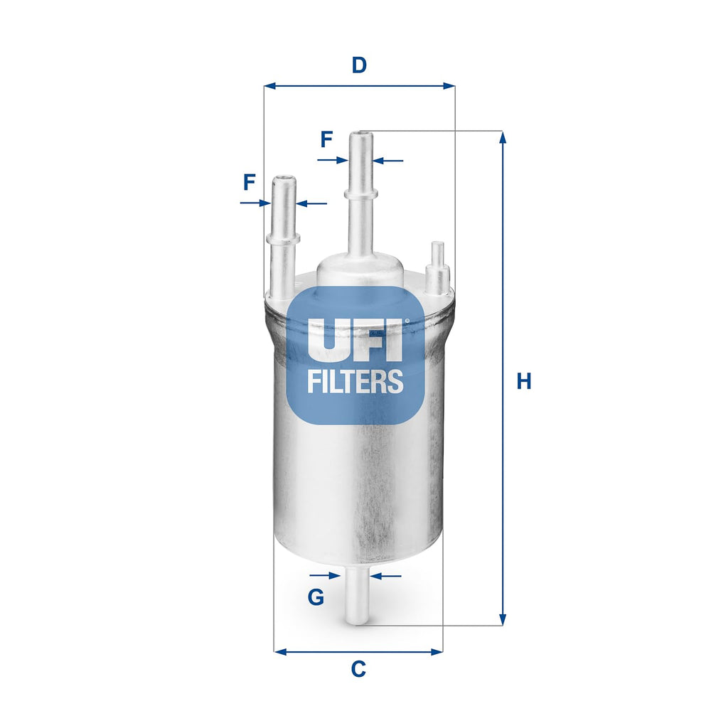 UFI 31.833.00 fuel filter side view highlights compact inline design