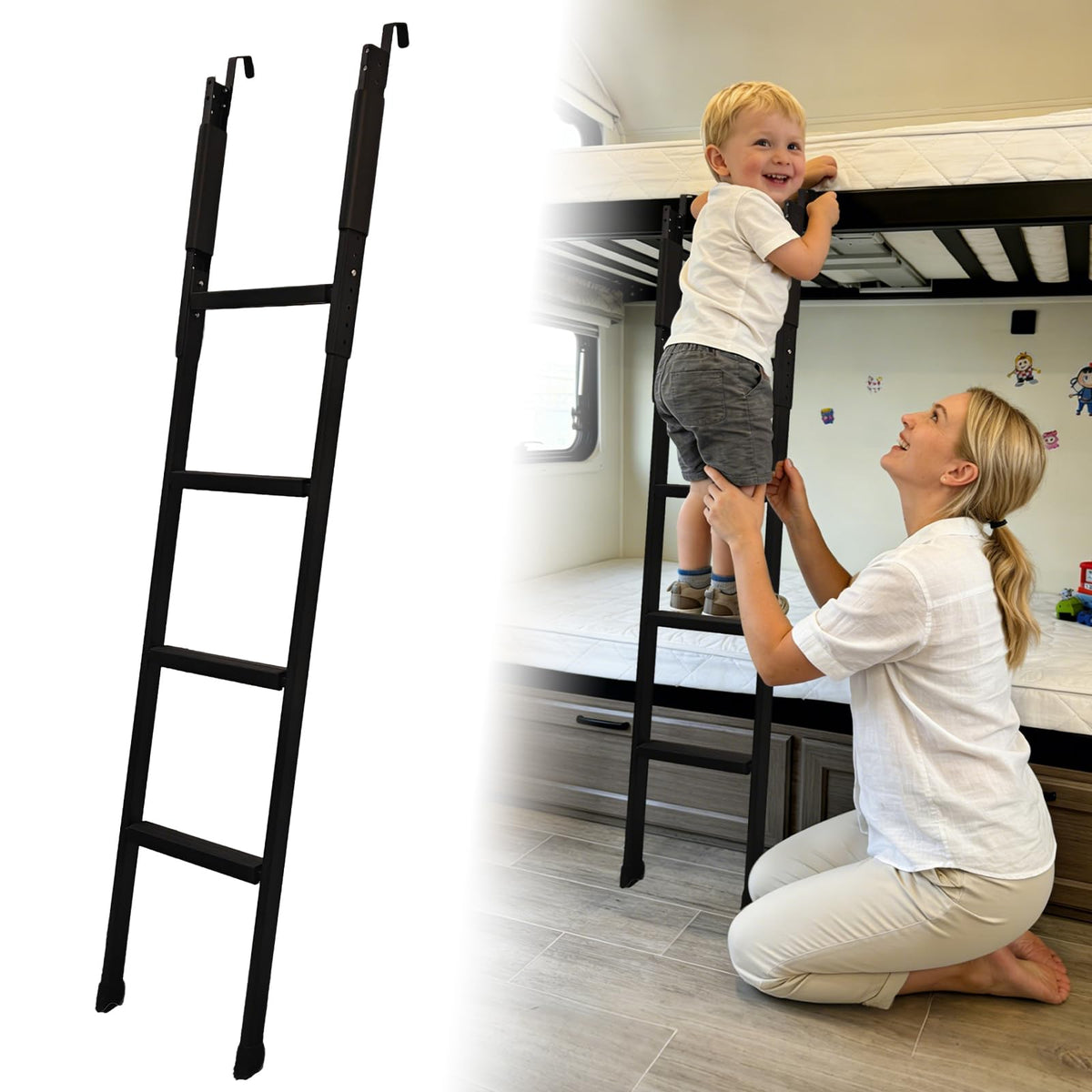 UIABOPZ bunk bed ladder shows height adjustment from 52 to 64 inches for flexibility.