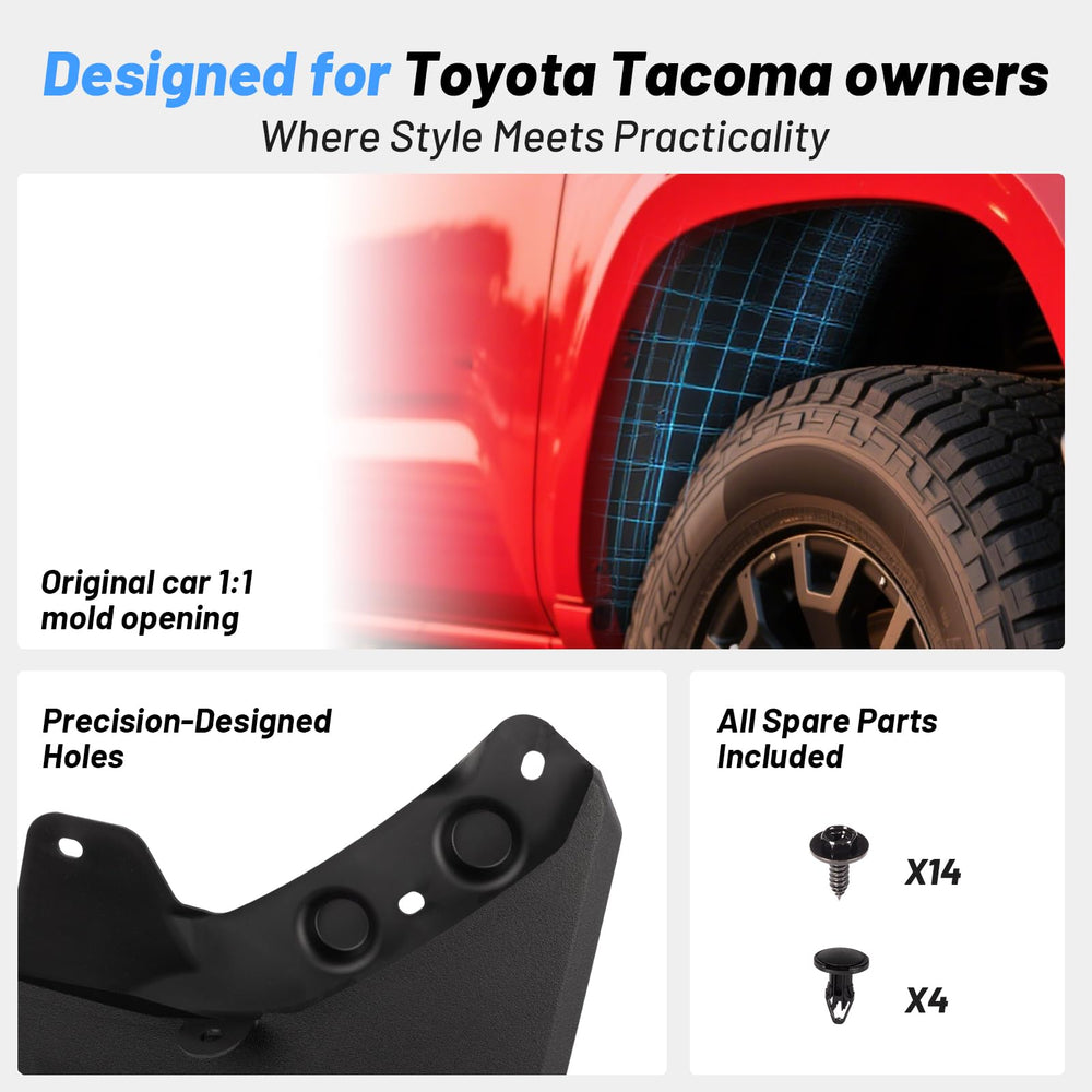Uilffur Tacoma mud flaps rear view highlights all-weather protection.