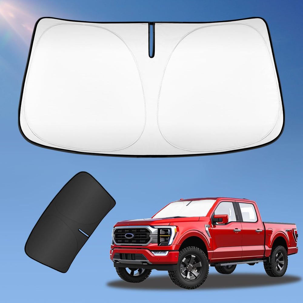 UKTOP sunshade for Ford F-150 windshield cover blocks UV rays and keeps the cabin cooler.