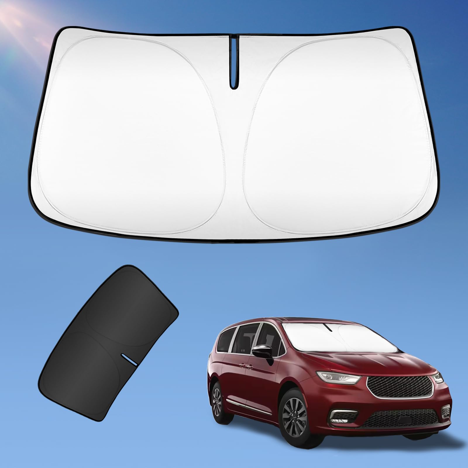 UKTOP sun shade for Pacifica windshield front view providing UV protection and cooler cabin.