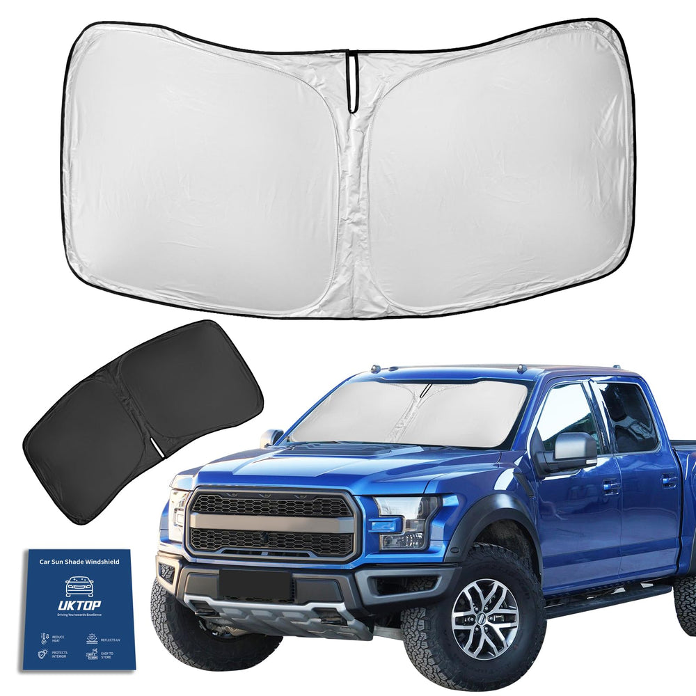 UKTOP windshield sunshade on Ford F-150 reducing heat and UV exposure.