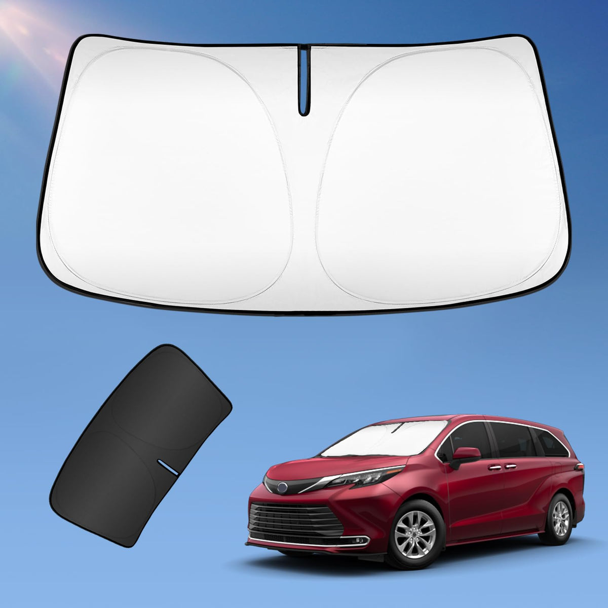 UKTOP sunshade attached to Toyota Sienna windshield front view blocks heat and glare.