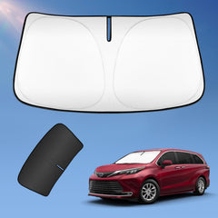 UKTOP sunshade attached to Toyota Sienna windshield front view blocks heat and glare.