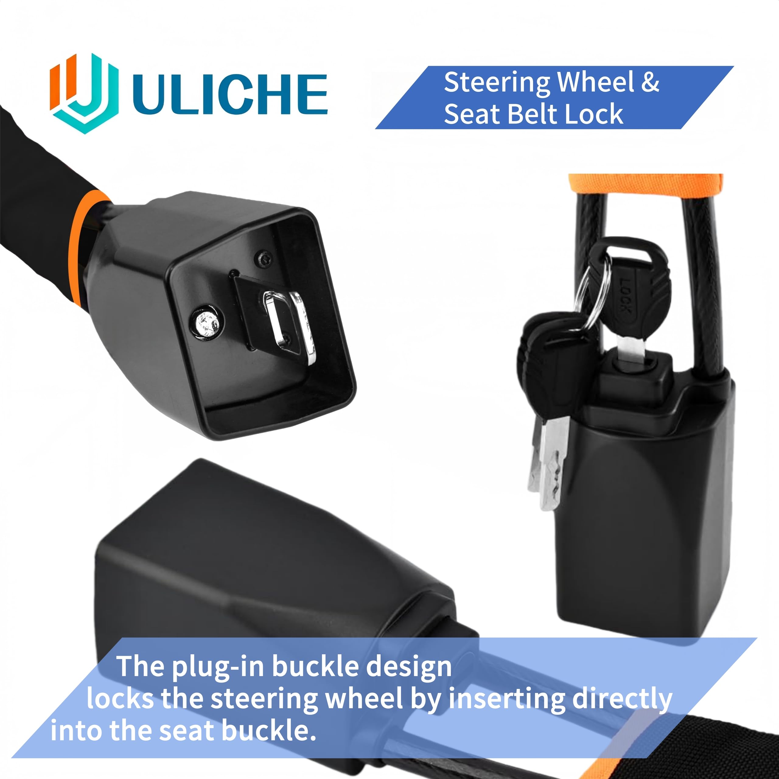Uliche seat belt lock cable demonstrating universal compatibility.