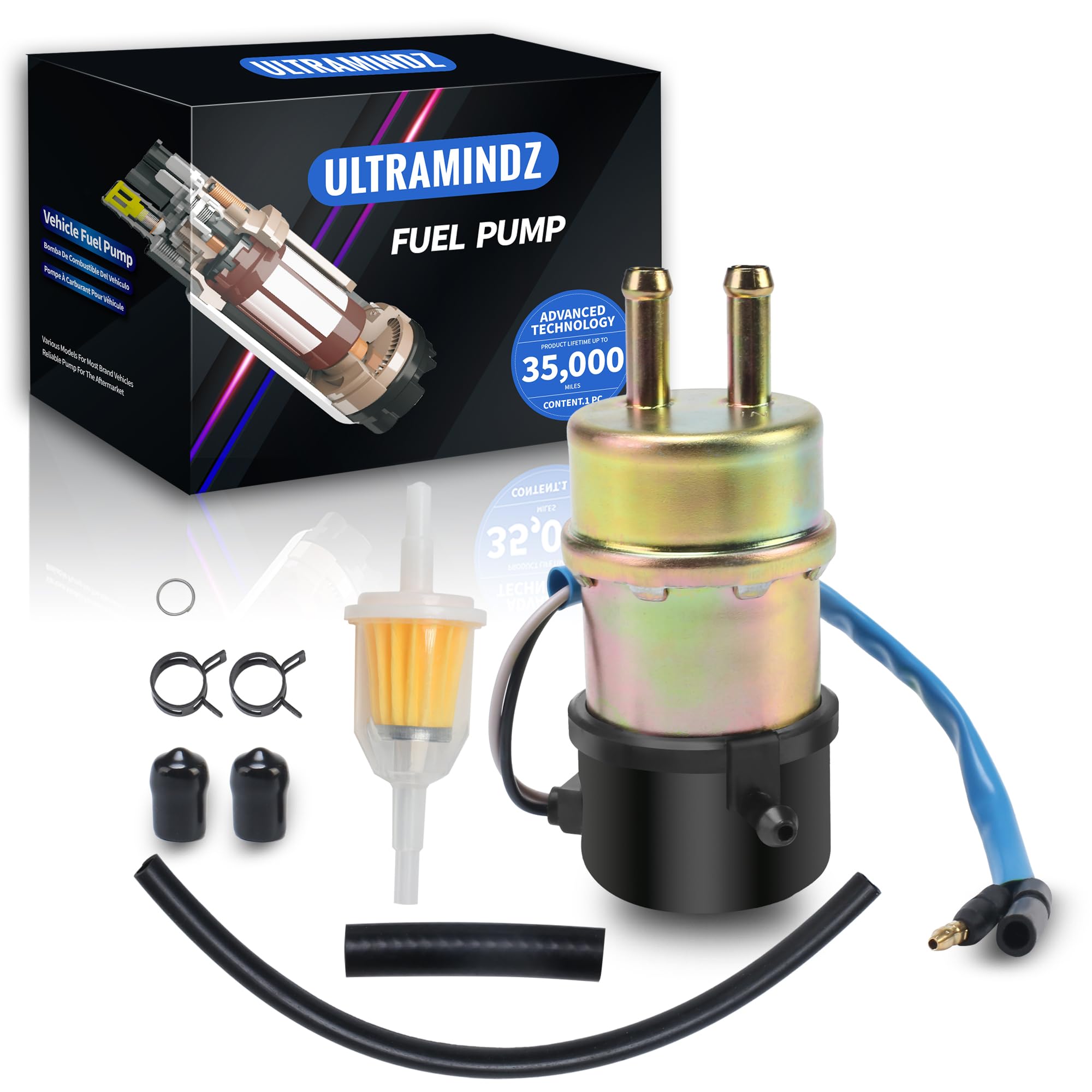 Ultramindz electric fuel pump for Kawasaki Mule, front-angle view shows compact fuel delivery.