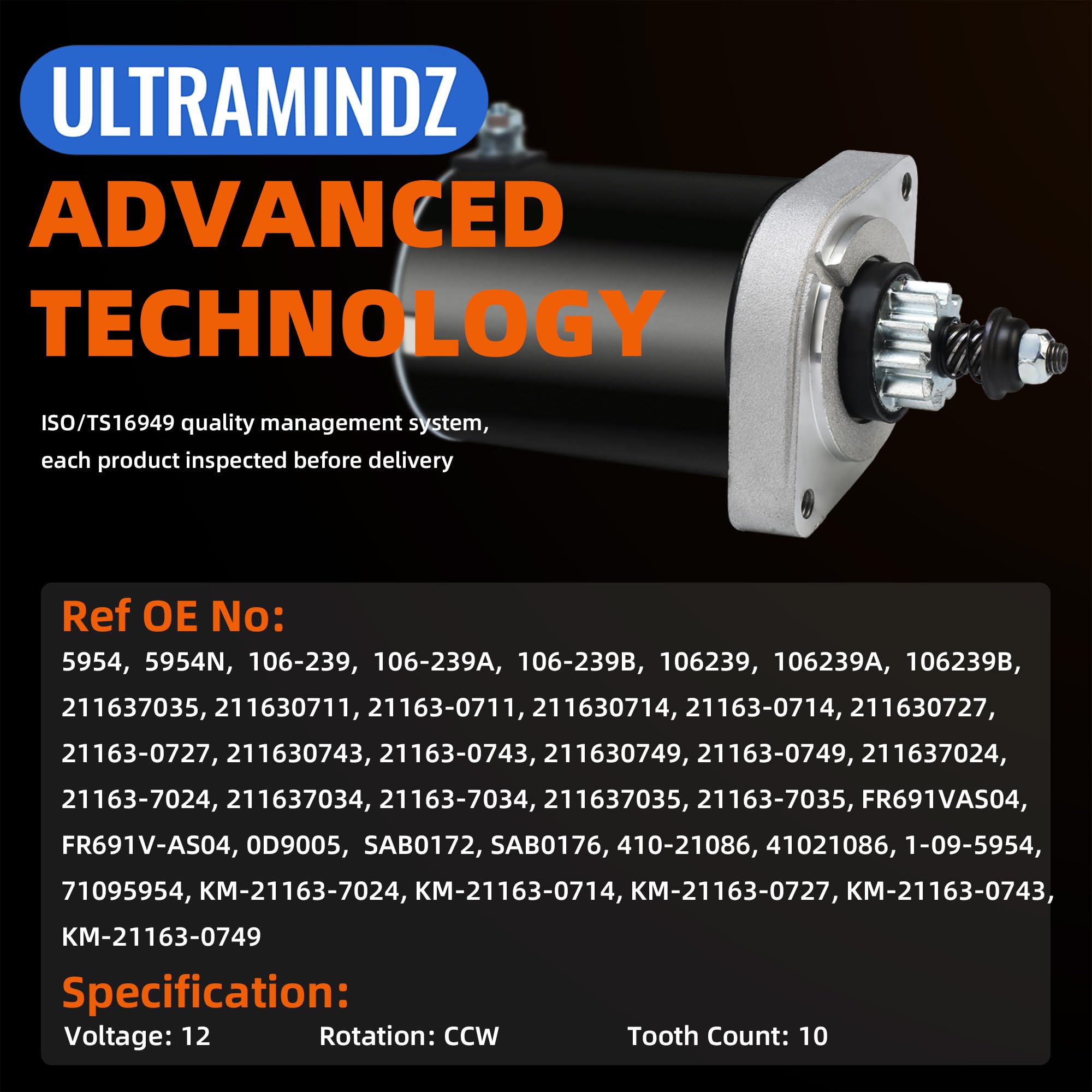 Ultramindz starter compatible with LTX1050 and LTX1046 Kawasaki engines, CCW.
