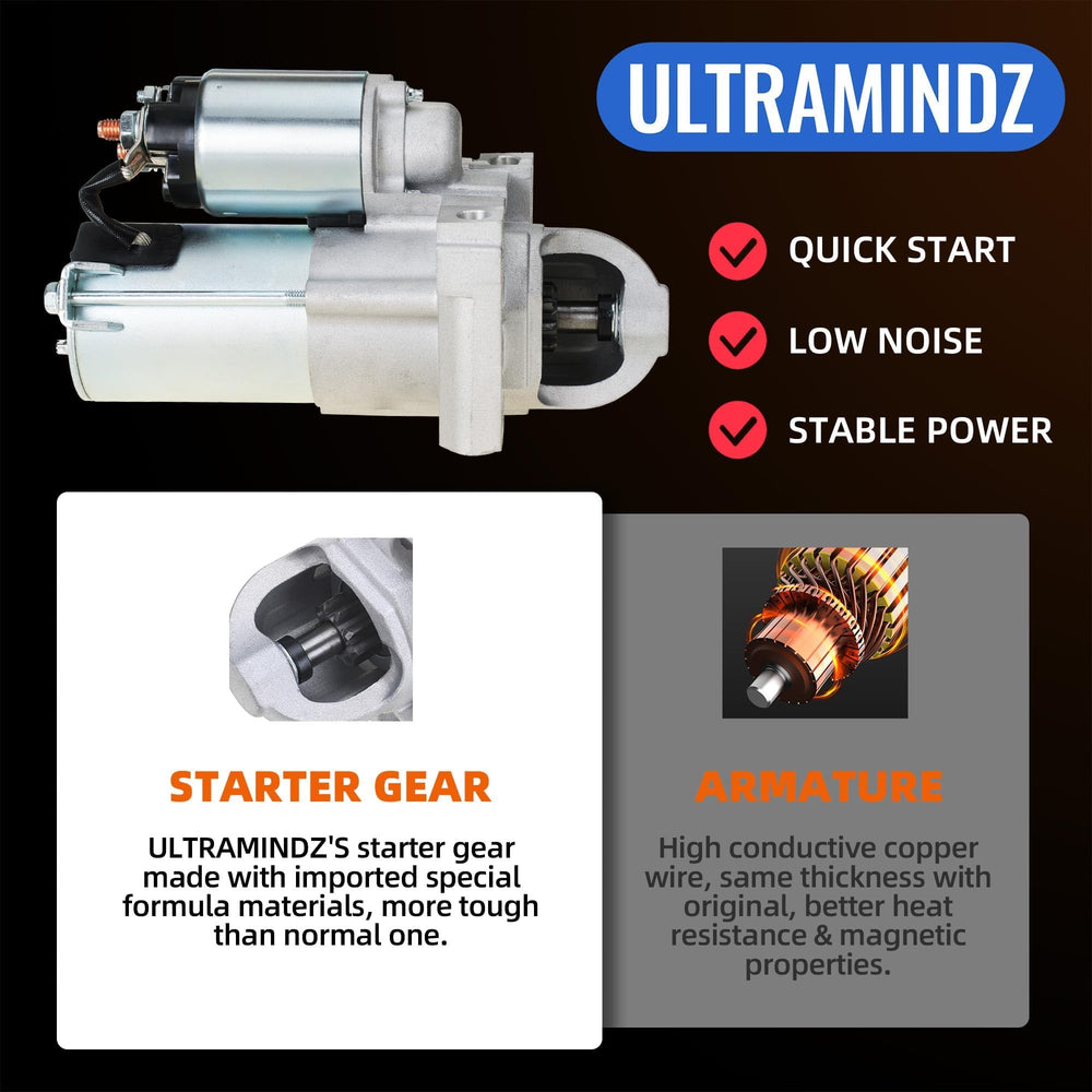 Ultramindz PMGR 12V starter close-up, 1.1kW power and CW rotation.