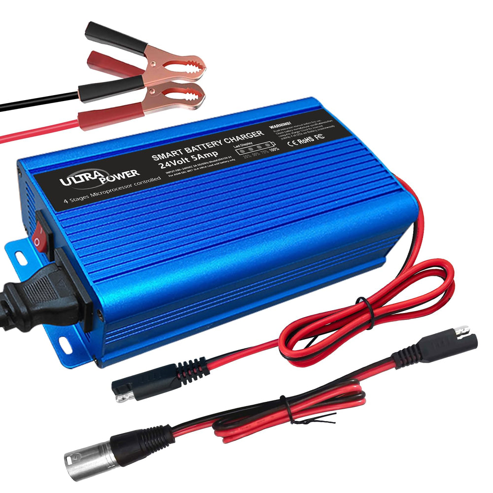 ULTRAPOWER 24V 5A charger front view for quick car and RV battery top ups