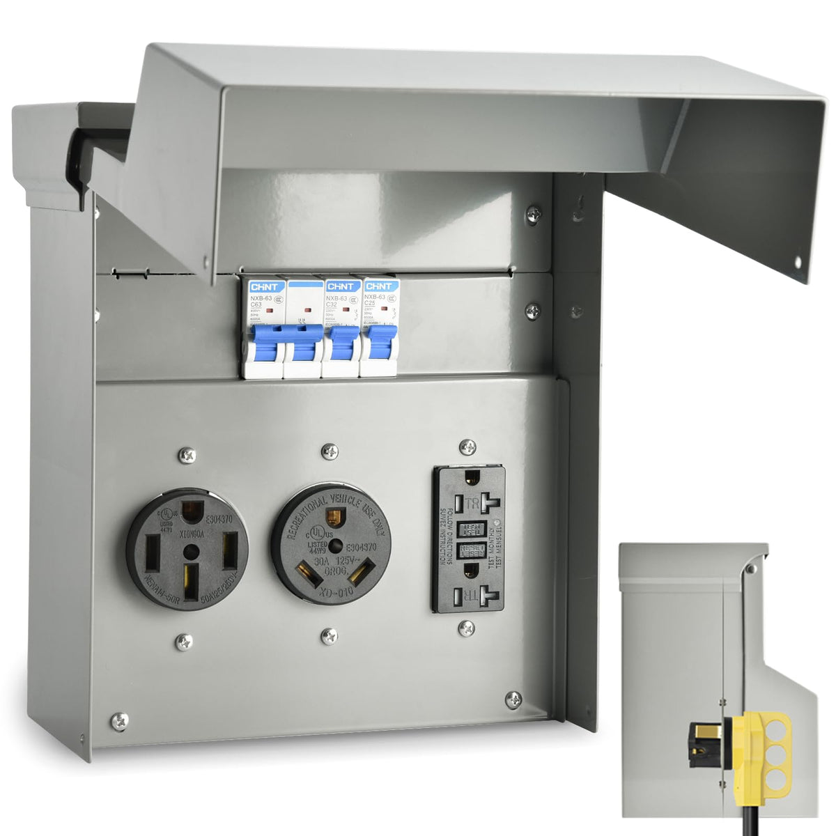 Umaogus RV panel front view with weatherproof enclosure for safe hookup