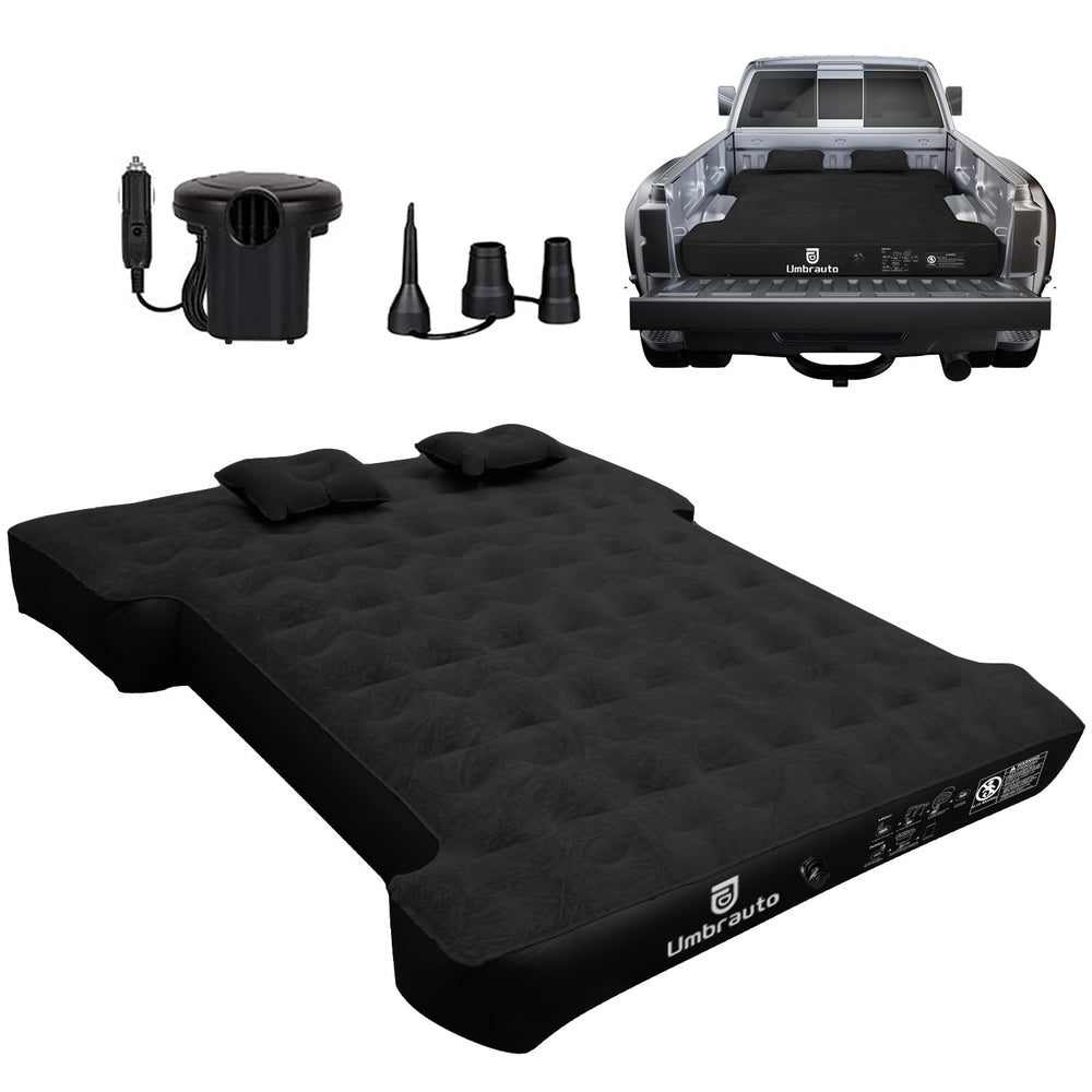Umbrauto air mattress in full-size truck bed setup offers a ready camping sleep surface.