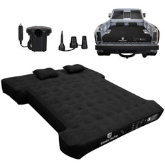 Umbrauto air mattress in full-size truck bed setup offers a ready camping sleep surface.