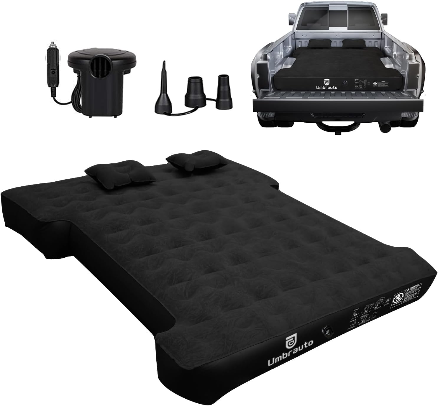 Umbrauto air mattress overview showing fit for 5.5–5.8 ft truck beds for camping.