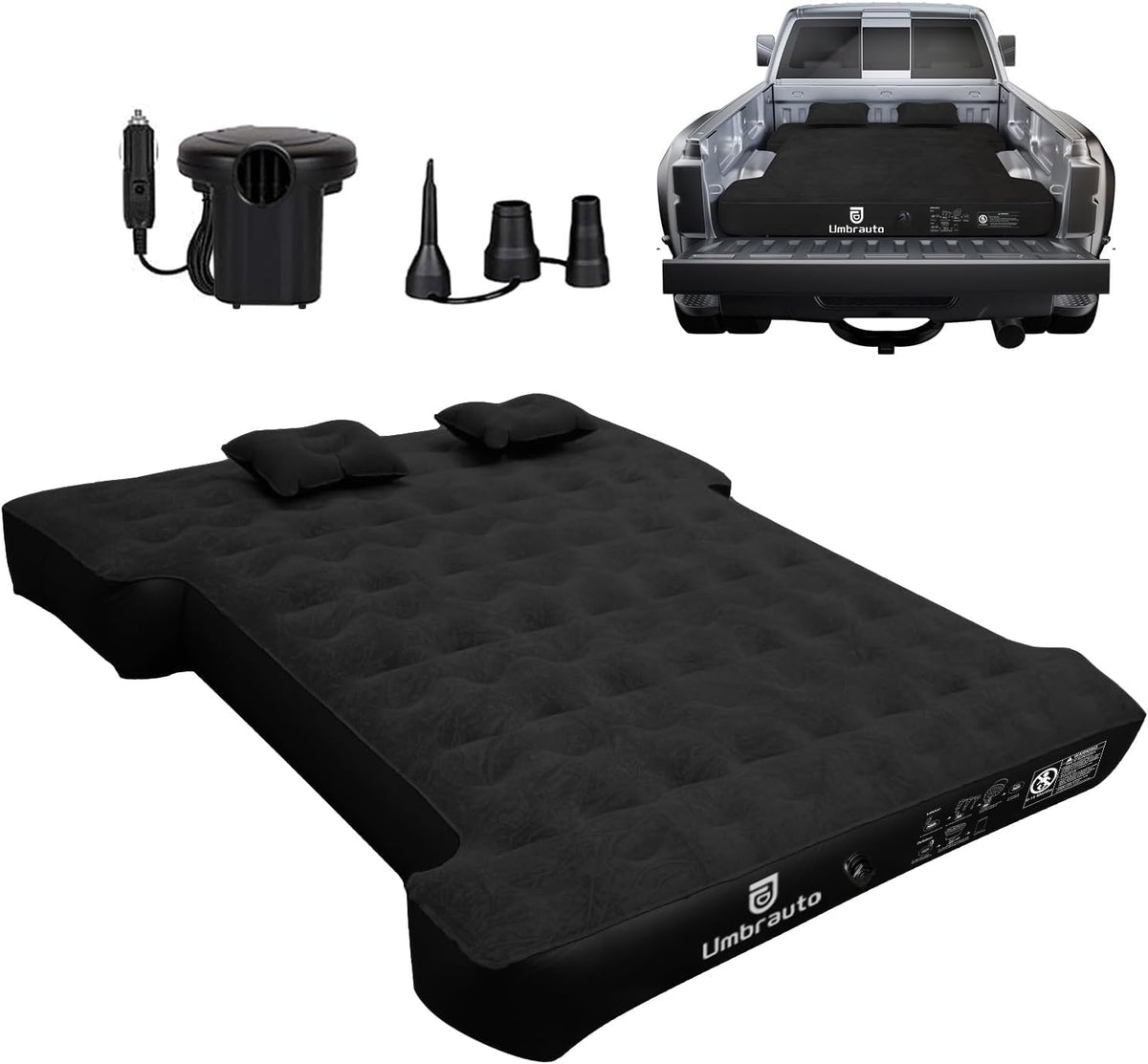 Umbrauto air mattress overview showing fit for 5.5–5.8 ft truck beds for camping.