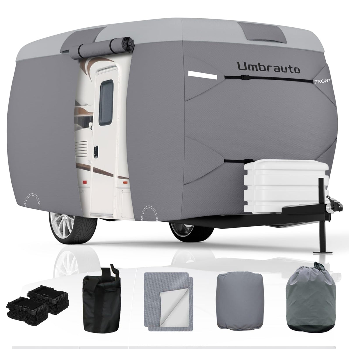 Umbrauto fiberglass travel trailer cover in front view protects a 13-16 ft RV from dust and rain