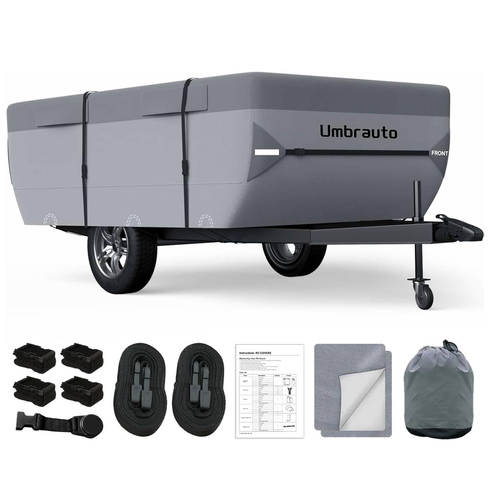 Umbrauto pop-up cover top view shows 7-layer waterproof protection for your folding trailer