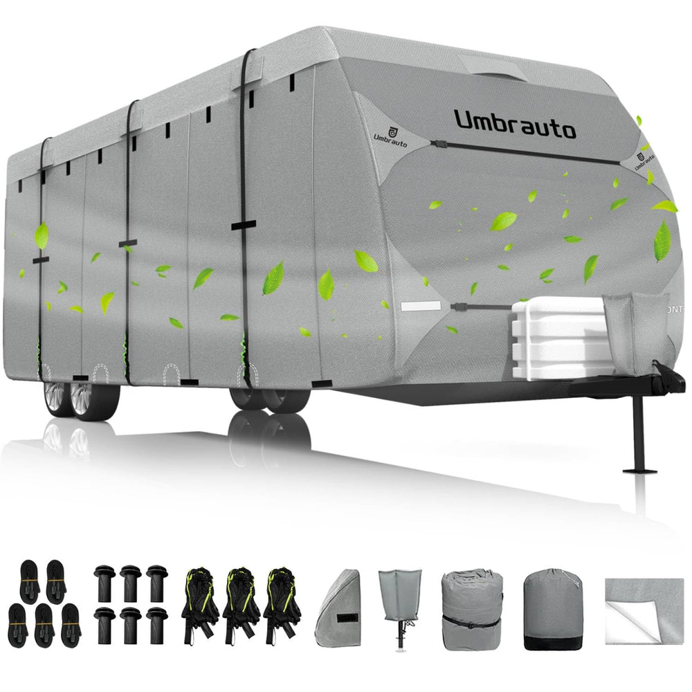 Umbrauto RV Cover front view on a 30-33ft travel trailer for all-season protection.