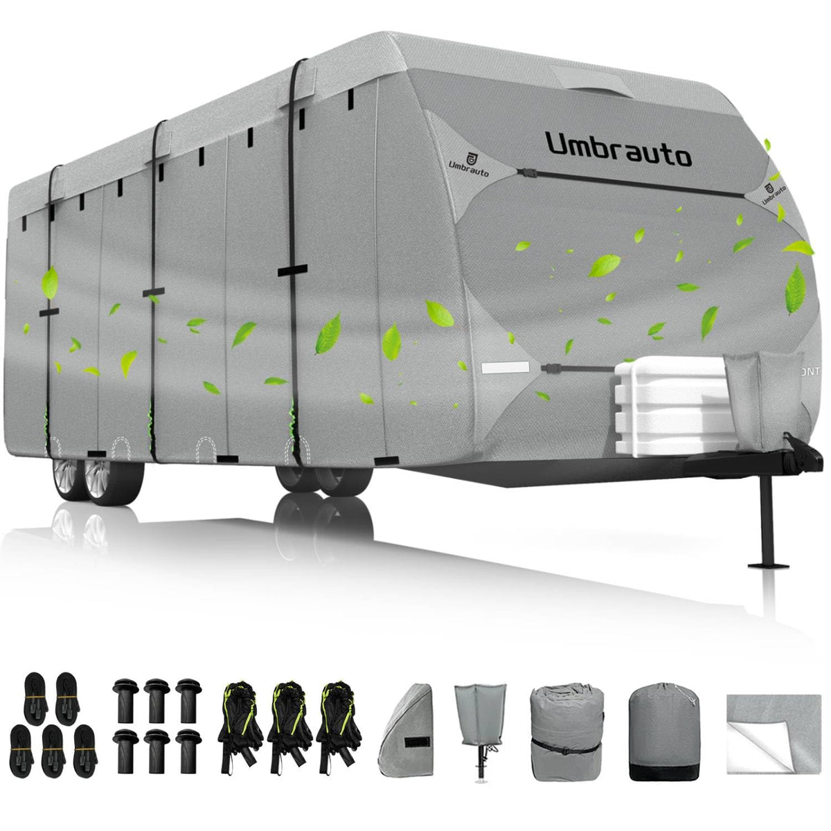 Umbrauto RV Cover front view on a 30-33ft travel trailer for all-season protection.