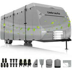 Umbrauto RV Cover front view on a 30-33ft travel trailer for all-season protection.
