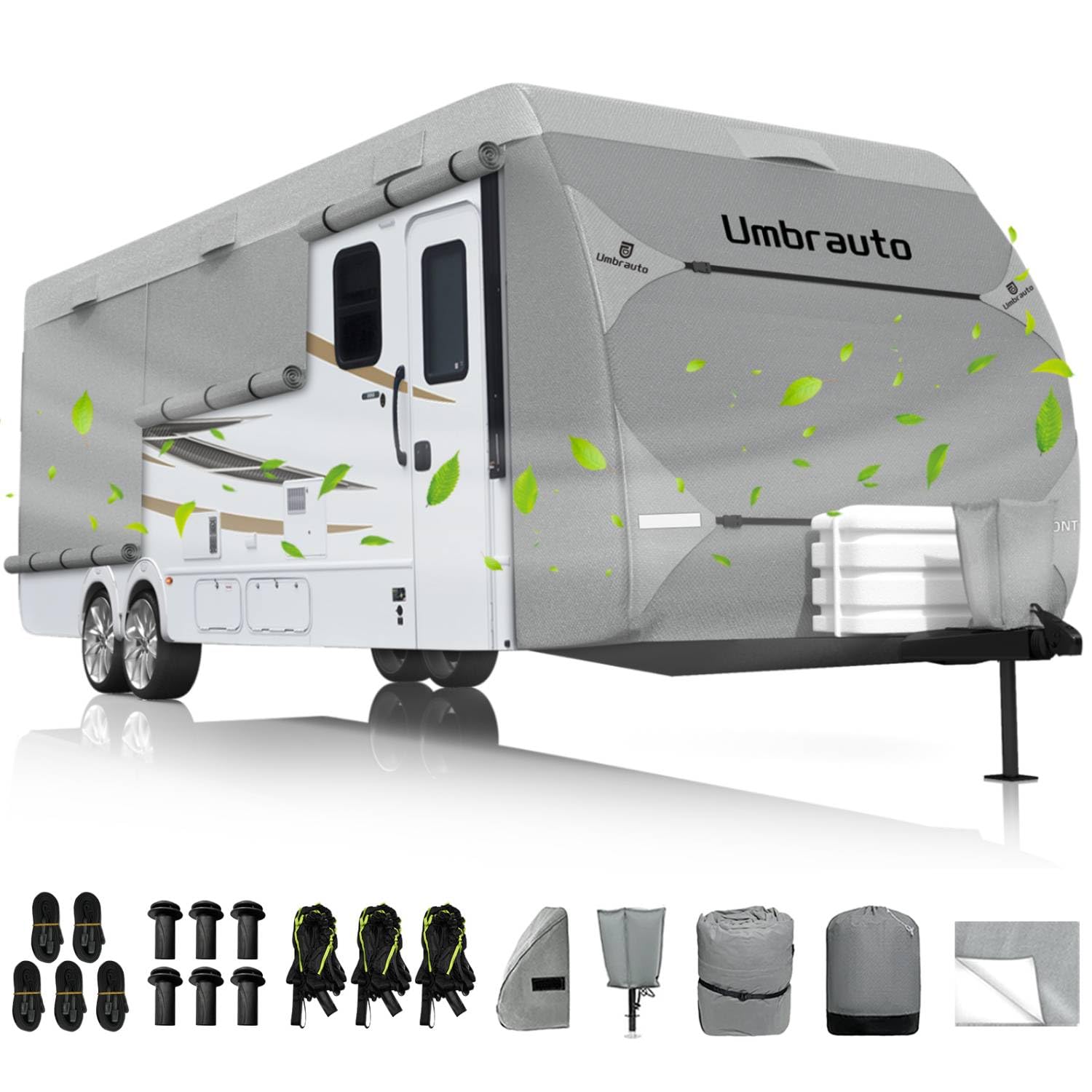 Umbrauto RV cover top view shows rugged 7-layer fabric for all-season protection.