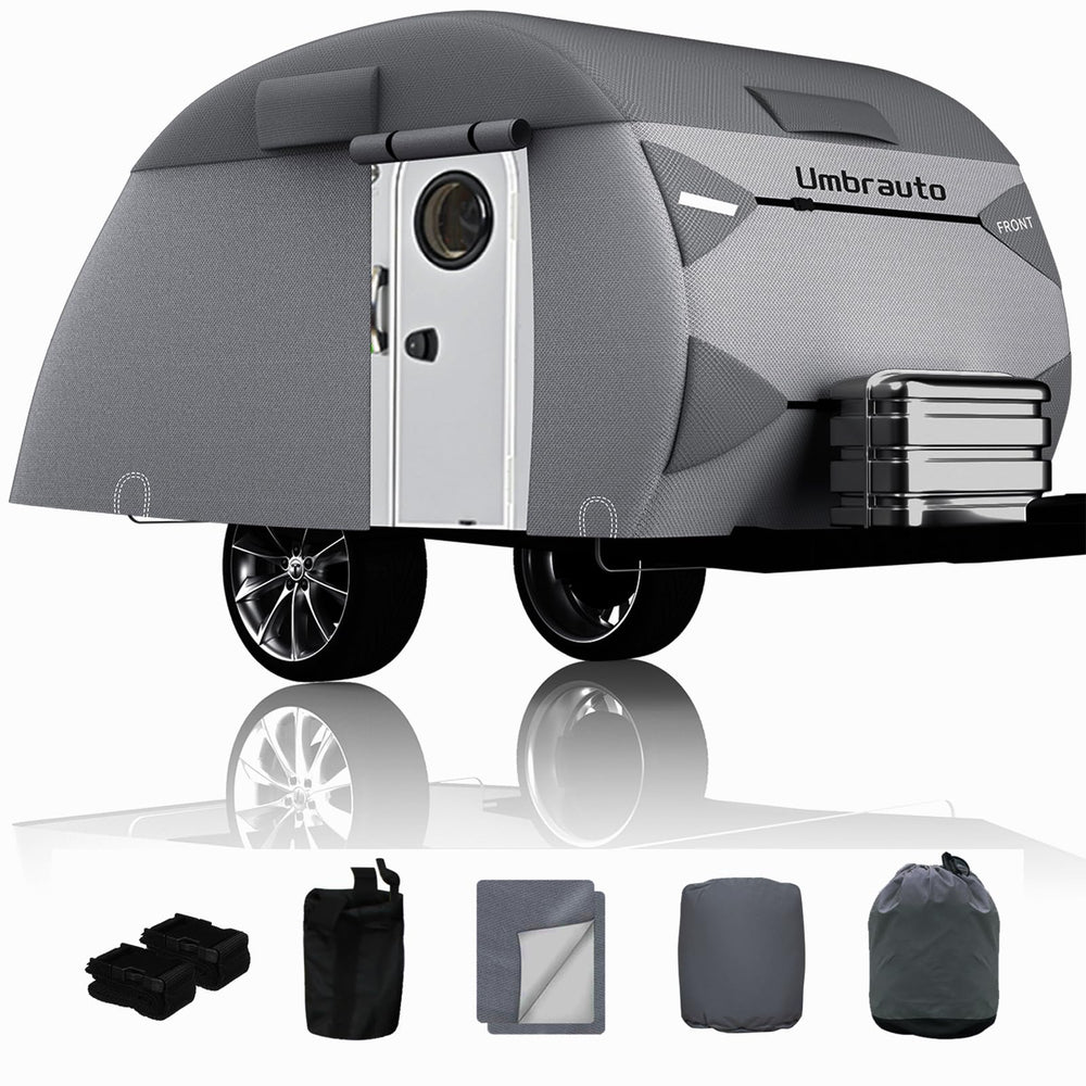 Umbrauto teardrop cover front view protects against dust and weather for 12-15 ft trailers.