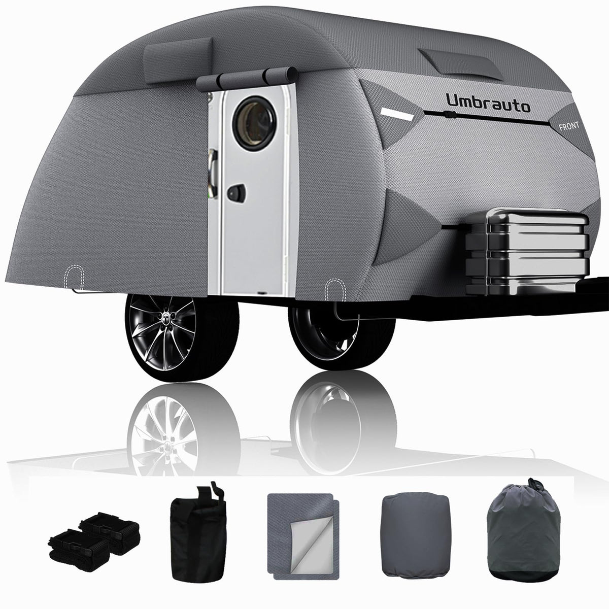 Umbrauto teardrop cover front view protects against dust and weather for 12-15 ft trailers.